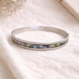 Abalone Shell Inlay Sterling Silver Round Bangle Bracelet Mexico Vintage
